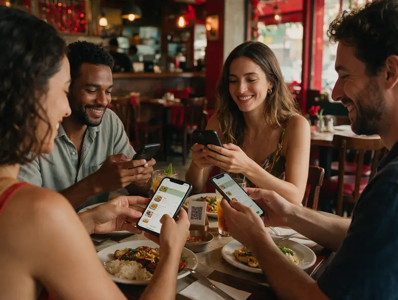 Quatro amigos à mesa de um restaurante fazem o pedido pelo celular, com o QR code da mesa ao lado dos pratos.